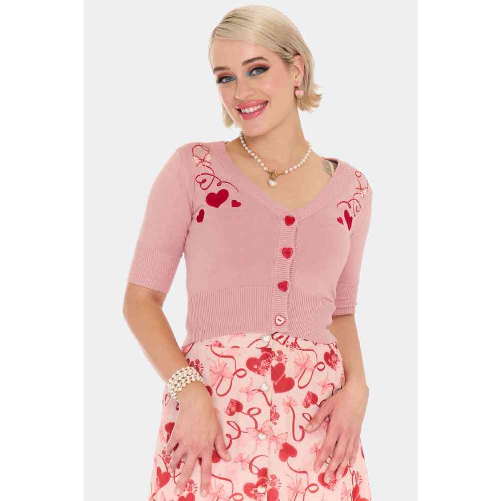 Voodoo Vixen - Heart And Ribbon Embroidered Strickjacke - Rosa